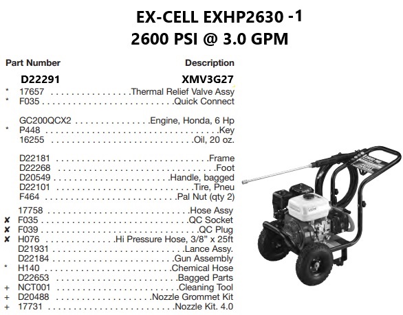 EX-CELL model EXHP2630-1 power washer parts